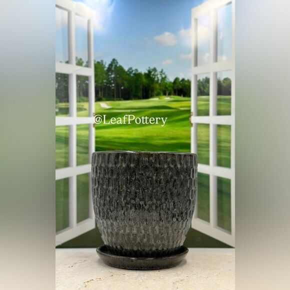 Junior Gray Glazed Ceramic Planter Pot with Saucer Attached - Picture 1 of 9